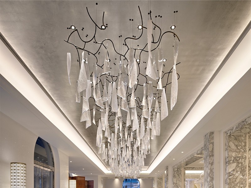 Large Shaped Glass Chandelier in The Hotel Lobby
